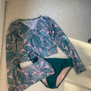 Art Class Kids Swim Set in Teal and Pink Leaf Print